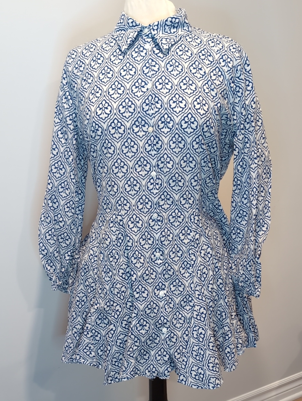 Zara Blue & White Geometric Patterned Button-Up Dress Skater Style Large - Picture 1 of 9
